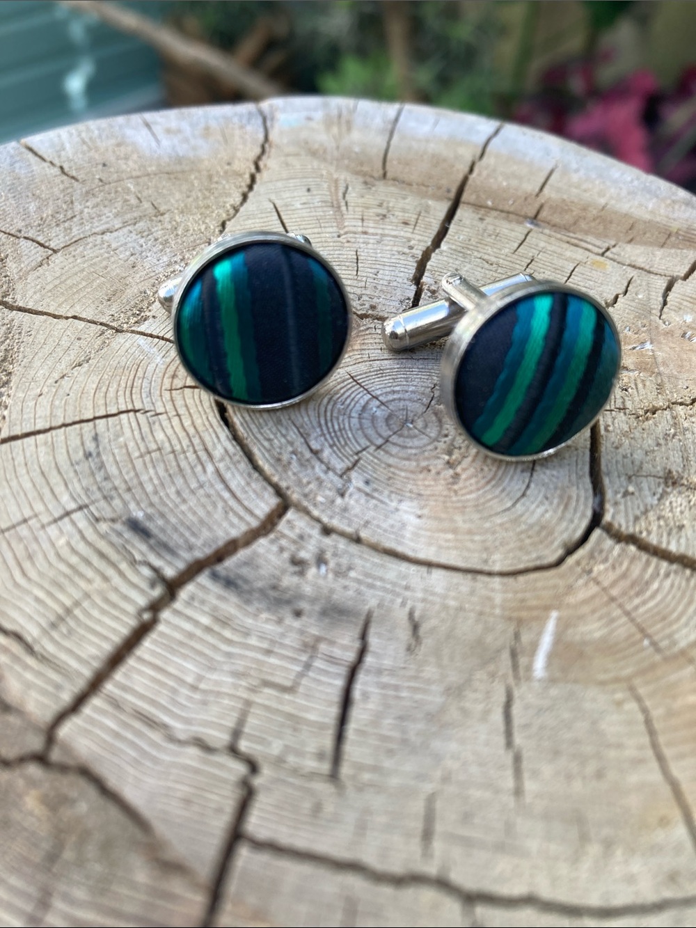 Men's Green Striped Round Cufflinks - Classic Formal Accessory